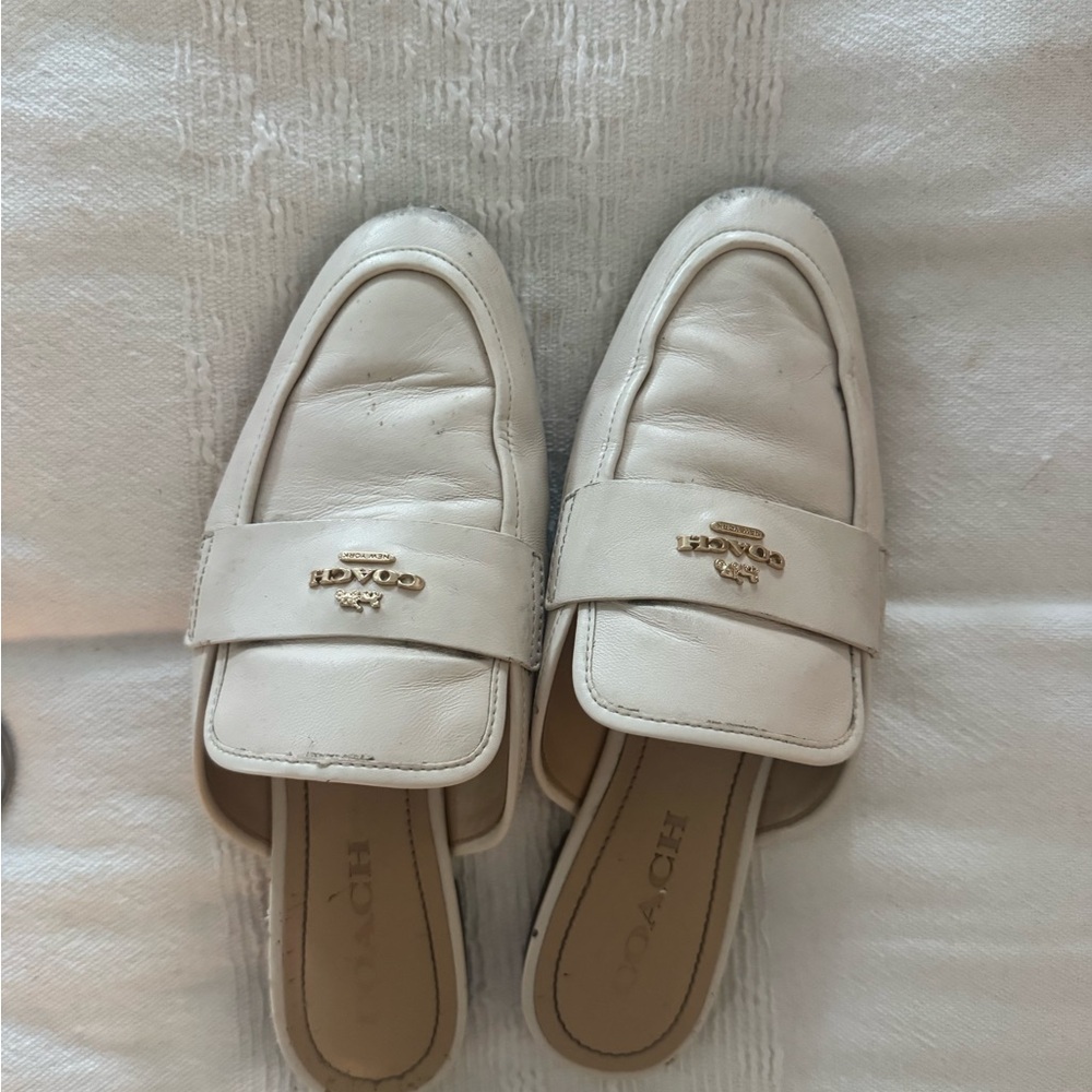 Coach White Leather Backless Loafers with Gold Logo